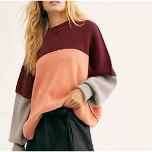 Free People Easy Street Colorblock Ribbed Knit Oversized Sweater Burgundy Peach